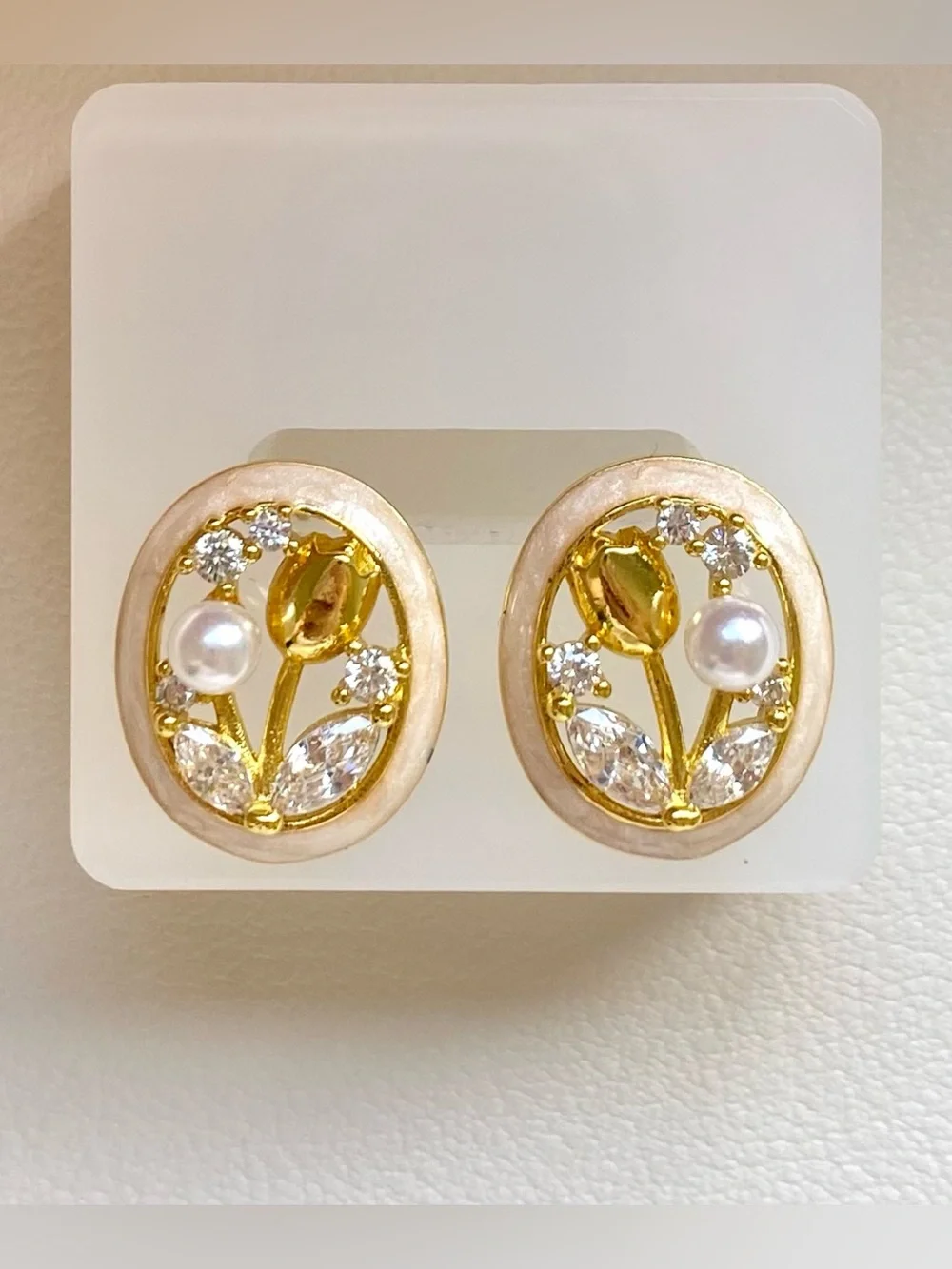 Gold Floral Pearl Oval Stud Earrings